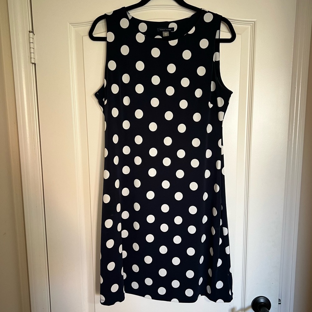 Tommy Hilfiger Navy Blue White Polka Dot Knee-Length Sleeveless Dress (Size 12)